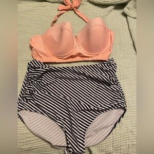Retro Striped High-Waisted Bikini Set - Peach and Black